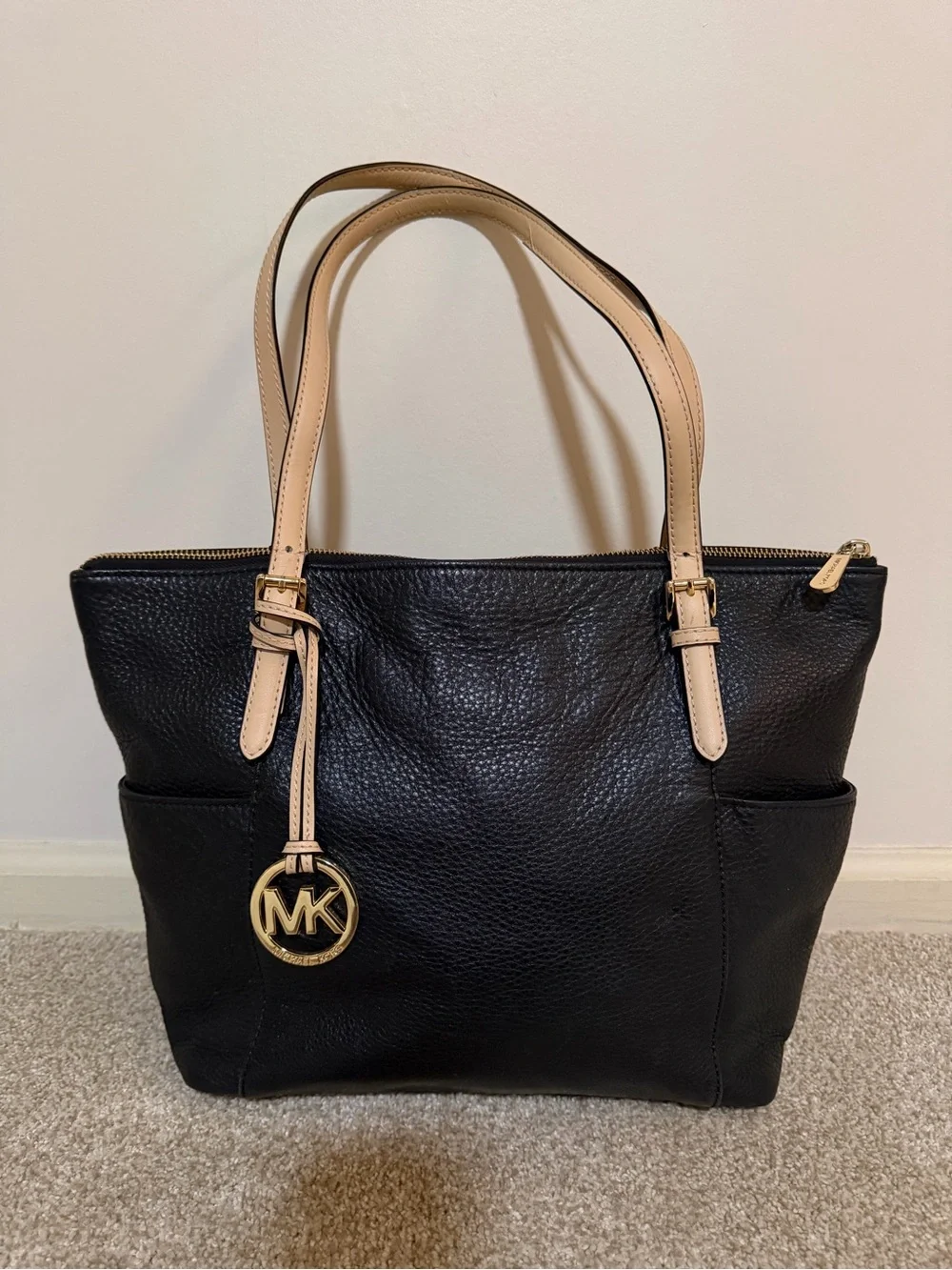 Michael Kors Black Pebbled Leather Tote with Beige Straps and Gold Accent